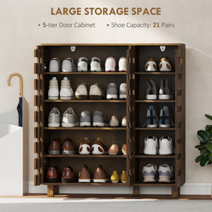 Shoe cabinet for 20 pairs of shoes with slatted doors, aged brown