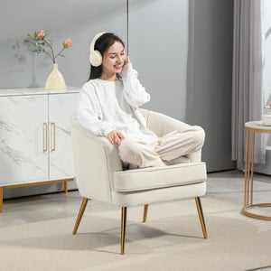 Modern fabric accent chair with gold metal legs, cream white