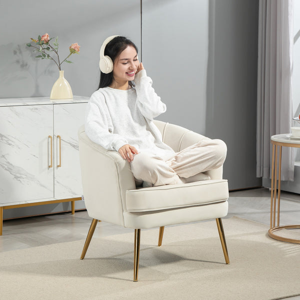 Modern fabric accent chair with gold metal legs, cream white