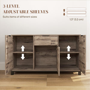 Industrial Sideboard with 3 47" Doors, Drawer and 2 Adjustable Shelves for Living Room, Brown Wood Grain