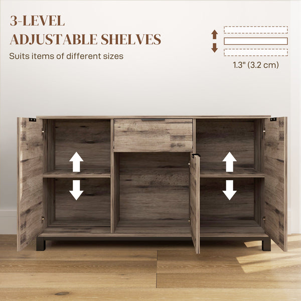 Industrial Sideboard with 3 47" Doors, Drawer and 2 Adjustable Shelves for Living Room, Brown Wood Grain