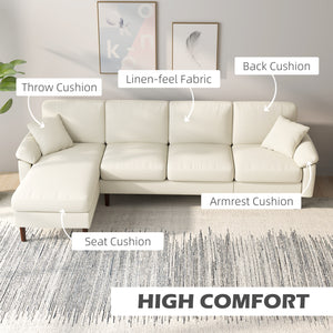 Modern L-shaped sectional sofa with removable chaise, cushions and wooden legs, cream white