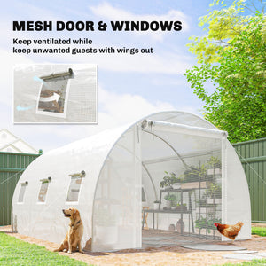 White heated tunnel greenhouse for plants with support bars