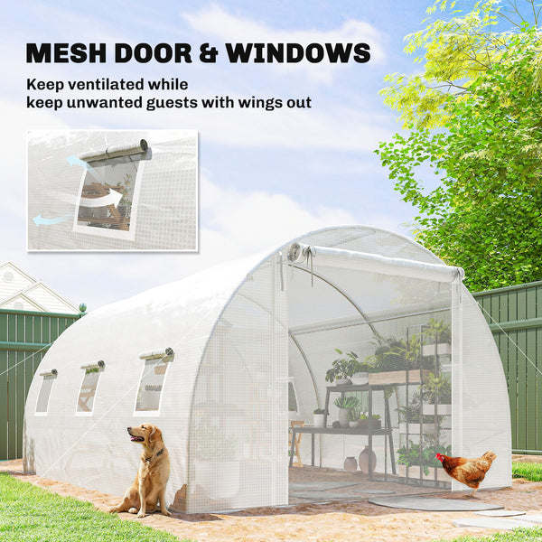 White heated tunnel greenhouse for plants with support bars