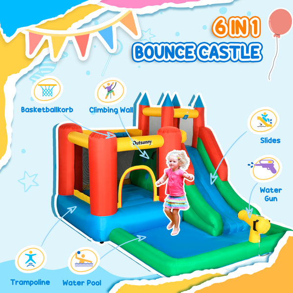 6-in-1 inflatable with trampoline, slide, water pool and climbing wall