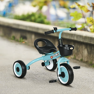 Tricycle with adjustable seat, basket, bell, blue