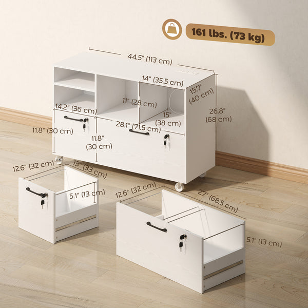 Wood-effect mobile filing cabinet with charging station and locking drawers, white