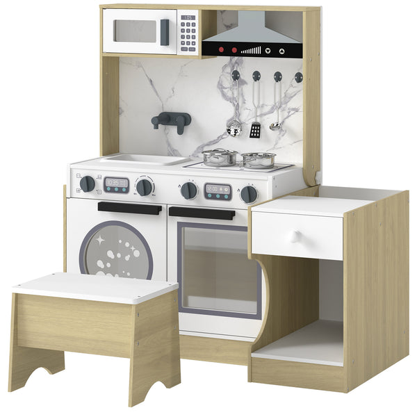 Play kitchen convertible into a table and chair with accessories and storage, white