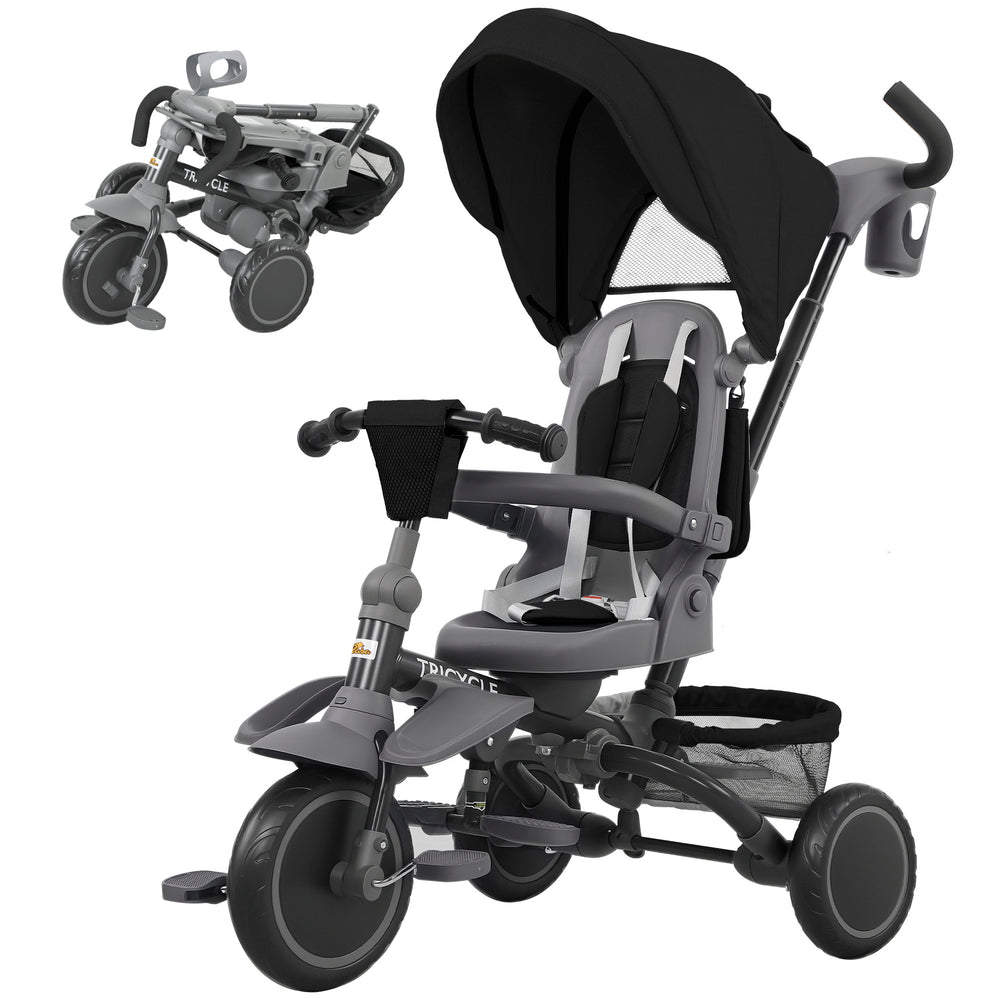 6-in-1 Tricycle with Push Handle, Removable Canopy, Swivel Seat, Black
