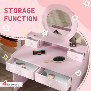 Dressing table with mirror, stool and storage drawers, pink