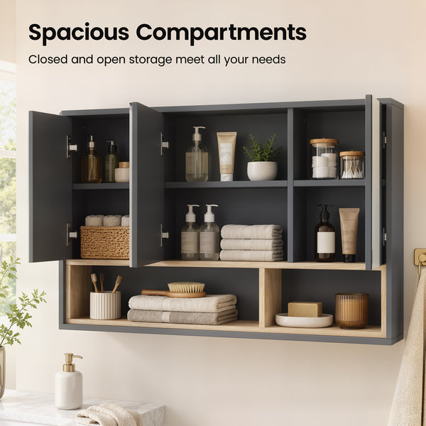 Wall-mounted bathroom cabinet with mirror and 8 storage compartments, gray