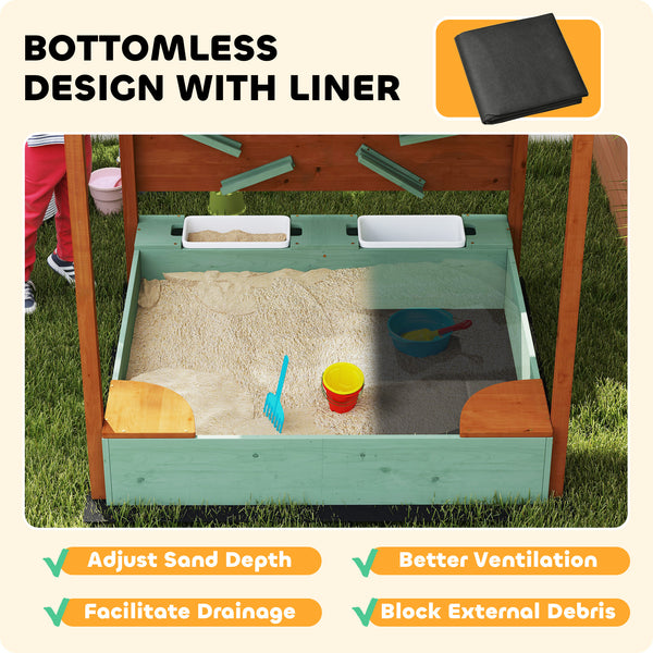 Children's wooden sandbox with canopy, green