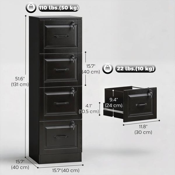 4-drawer vertical filing cabinet with lock, equipped with adjustable hanging rails for A4 and Letter sizes, black.