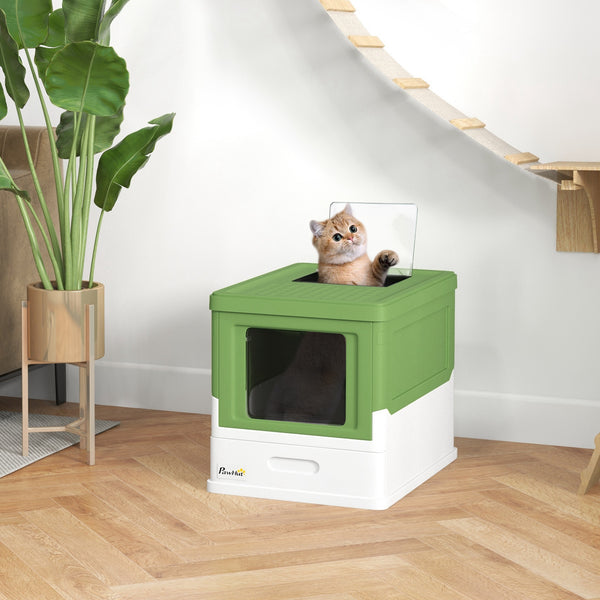 Enclosed litter box with scoop and tray, green