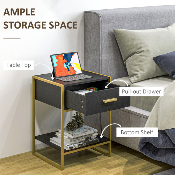 Set of 2 modern bedside tables, black and gold