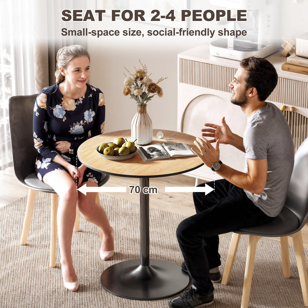 Round kitchen table for 2 people with wood veneer and steel base, natural color.