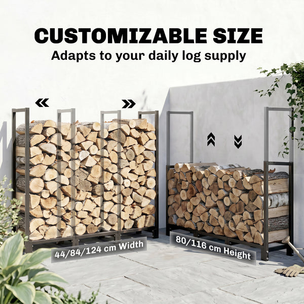 Adjustable width and height outdoor firewood rack, 616 lb capacity – Black