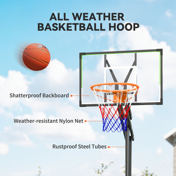 Adjustable basketball hoop from 1.25 to 2.60 m with unbreakable backboard