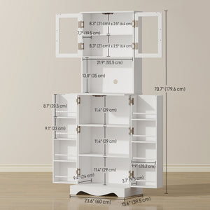 White pantry cabinet with glass doors, 8 door shelves and space for a coffee maker