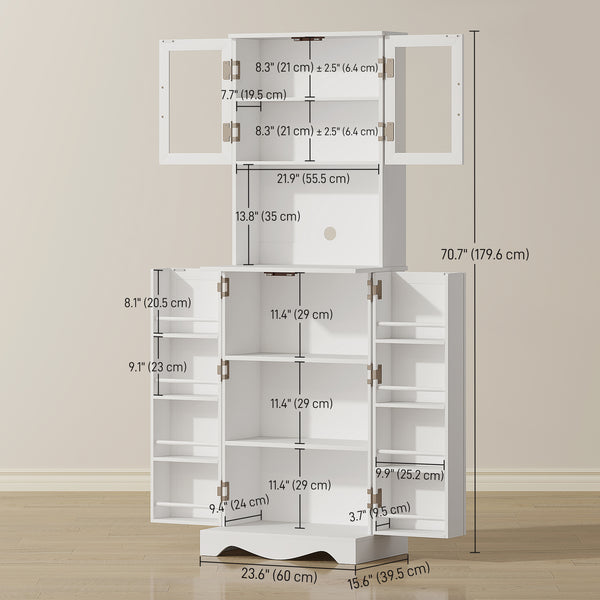 White pantry cabinet with glass doors, 8 door shelves and space for a coffee maker
