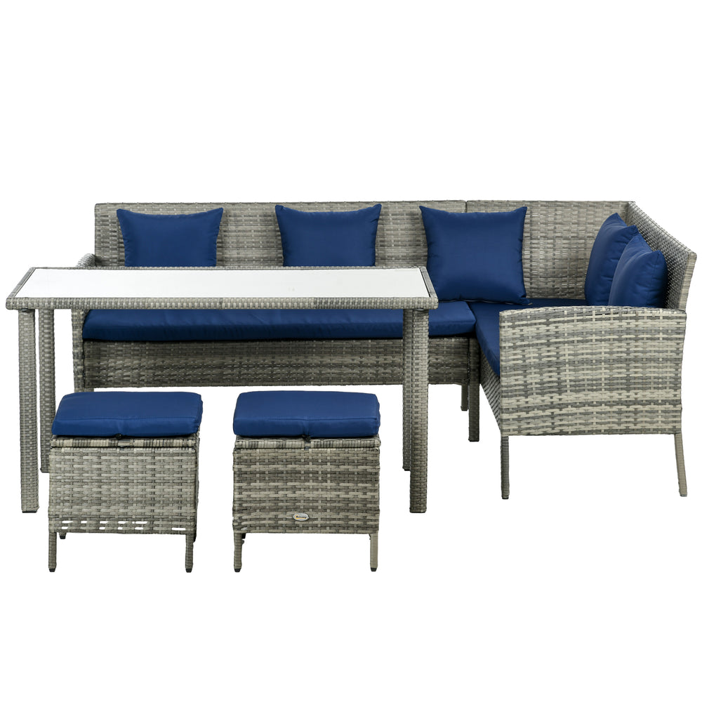 5-piece resin wicker furniture set with cushions, table and poufs, navy blue