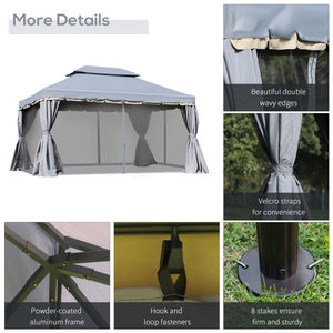 10 x 13 gazebo with two-tier polyester roof, breathable mesh side panels and sturdy aluminum frame, grey