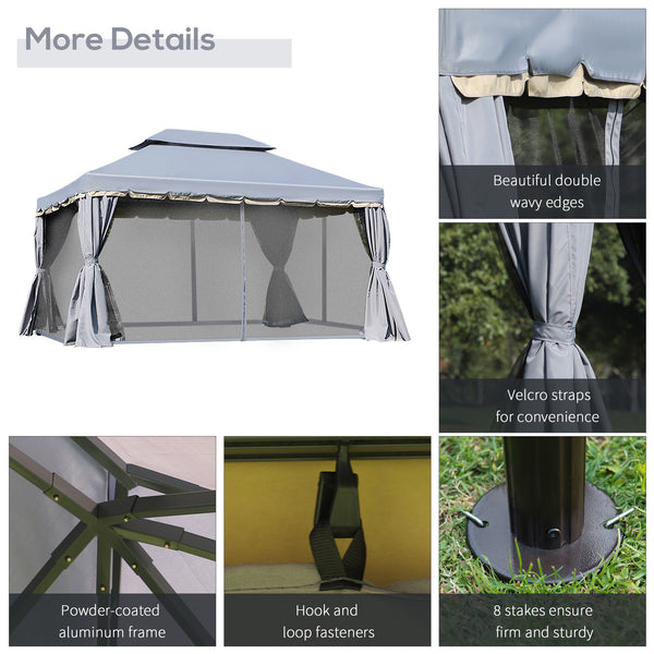 10 x 13 gazebo with two-tier polyester roof, breathable mesh side panels and sturdy aluminum frame, grey