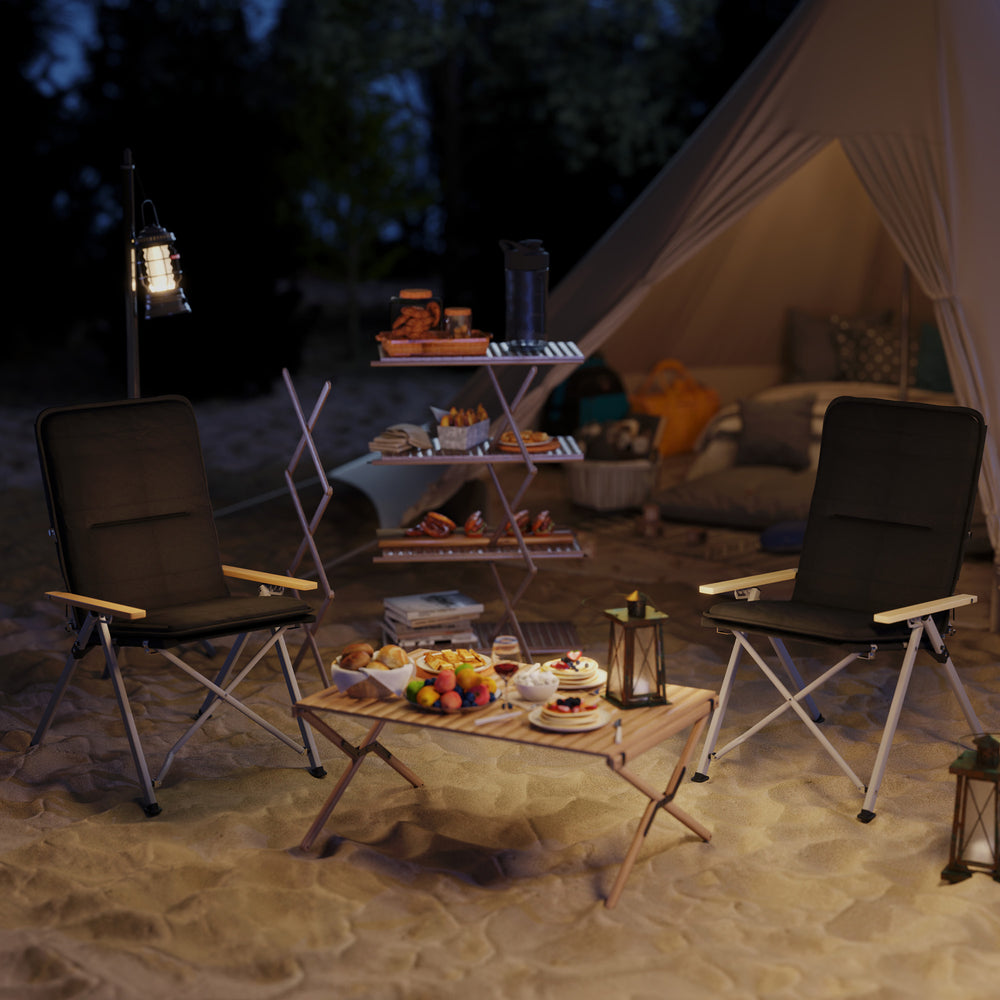 Set of 2 Camping Chairs with Padded Seat and Bag, High Back Outdoor Recliner, Black