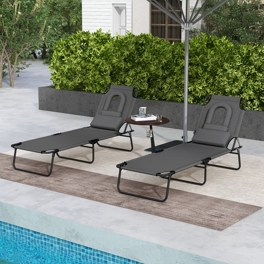 Ensemble de 2 chaises longues grises réglables avec trou pour visage, siège inclinable idéal pour bronzage en extérieur