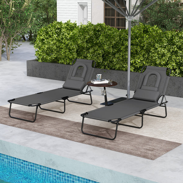 Ensemble de 2 chaises longues grises réglables avec trou pour visage, siège inclinable idéal pour bronzage en extérieur