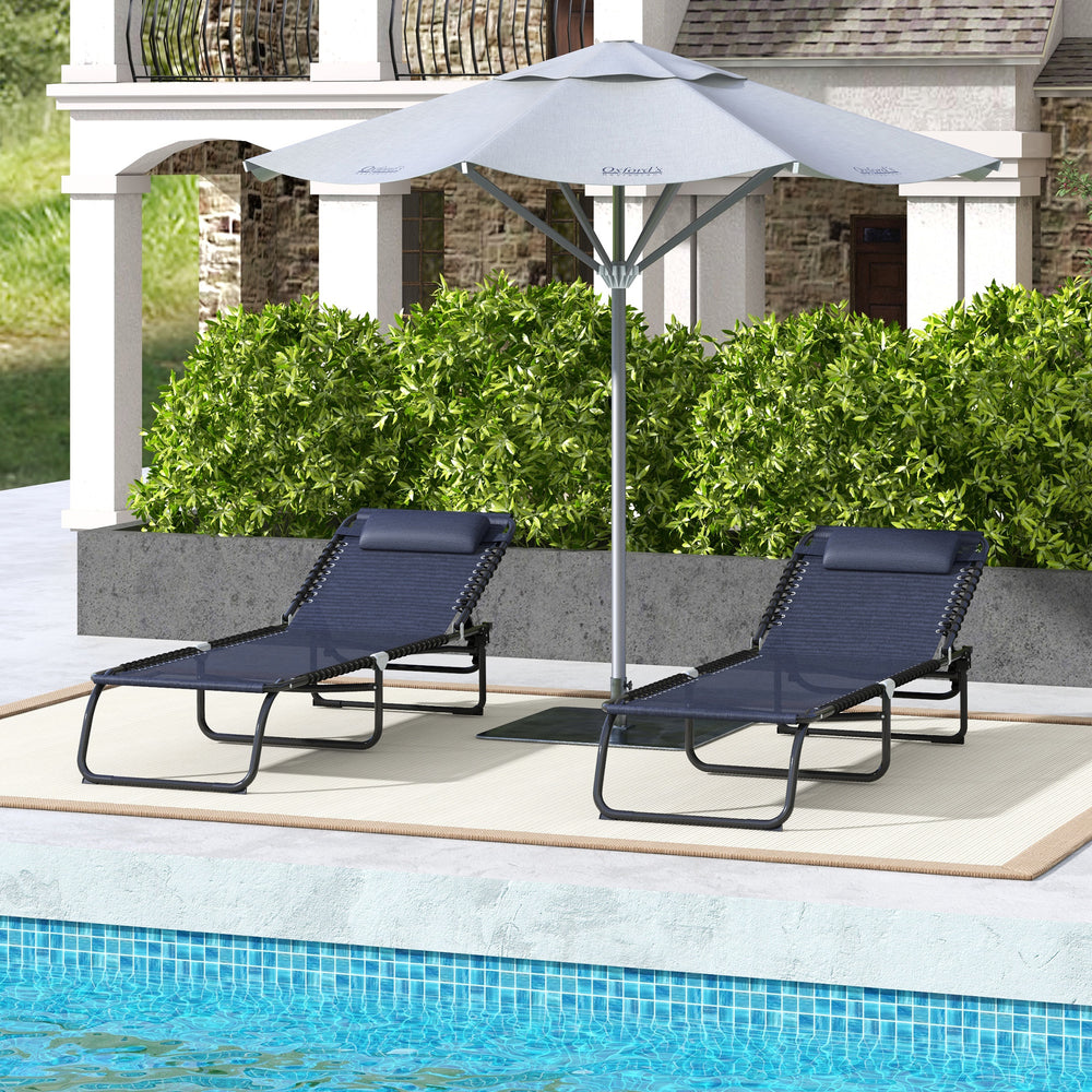 Paire de chaises longues pliantes bleu foncé avec appui-tête réglable et dossier inclinable pour jardin, terrasse ou plage