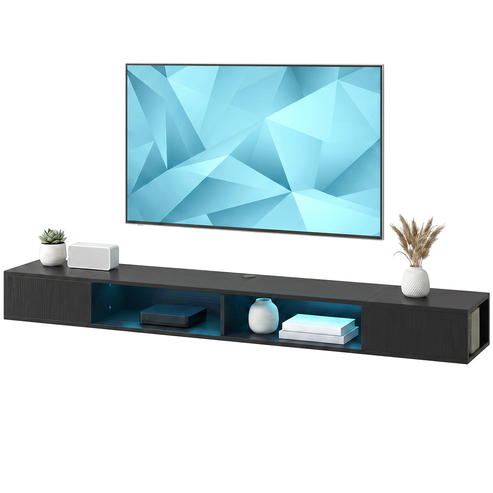 70" Floating Wall-Mounted TV Stand with RGB LED Lighting and 4 Compartments – Black Wood Effect