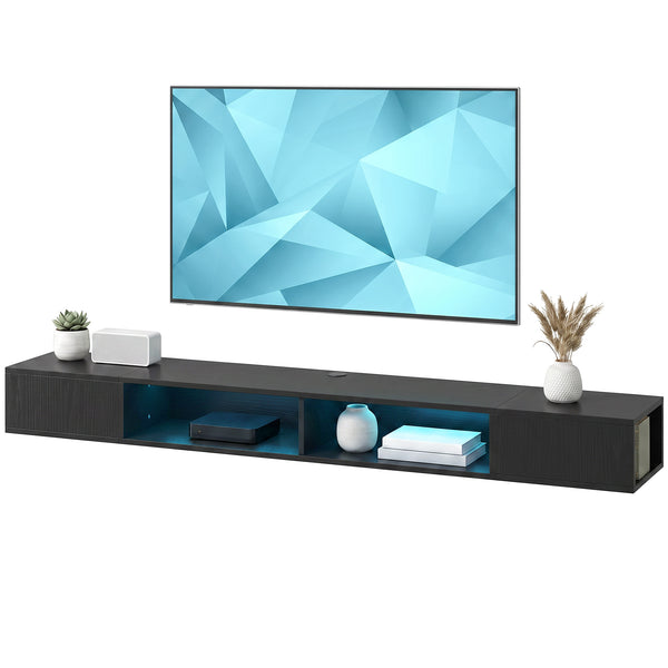 70" Floating Wall-Mounted TV Stand with RGB LED Lighting and 4 Compartments – Black Wood Effect