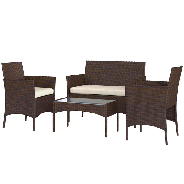 4-Piece Wicker Patio Furniture Set with Loveseat, Chairs and Beige Glass Coffee Table
