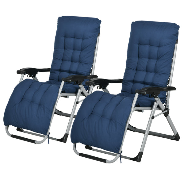 Set of 2 folding garden chairs with cushion and headrest, dark blue 