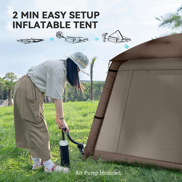 1-2 Person Inflatable Camping Tent with Hand Pump, Carry Bag, Khaki and Brown
