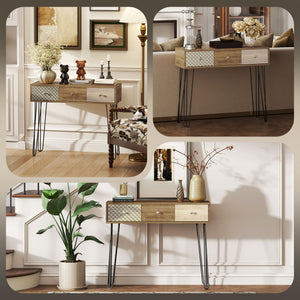 Console table with drawers and hairpin legs, brown