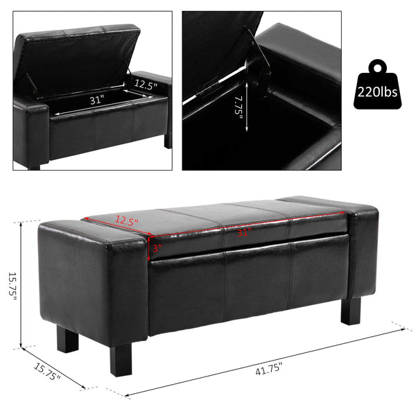 Luxury Faux Leather Upholstered Storage Ottoman Bench, Black