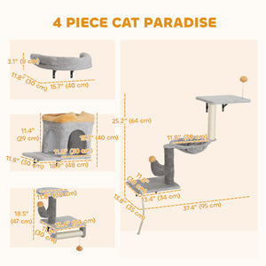 Cat climbing wall with scratching posts, cat house, hammock and perches, light grey
