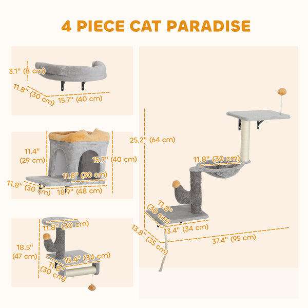 Cat climbing wall with scratching posts, cat house, hammock and perches, light grey