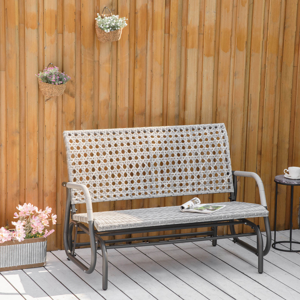 2-seater wicker garden bench with extra wide seat and curved backrest, grey melange