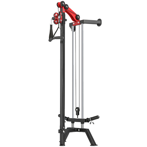 Wall-mounted pulley station adjustable to 16 positions, compatible with Olympic plates – Black and red