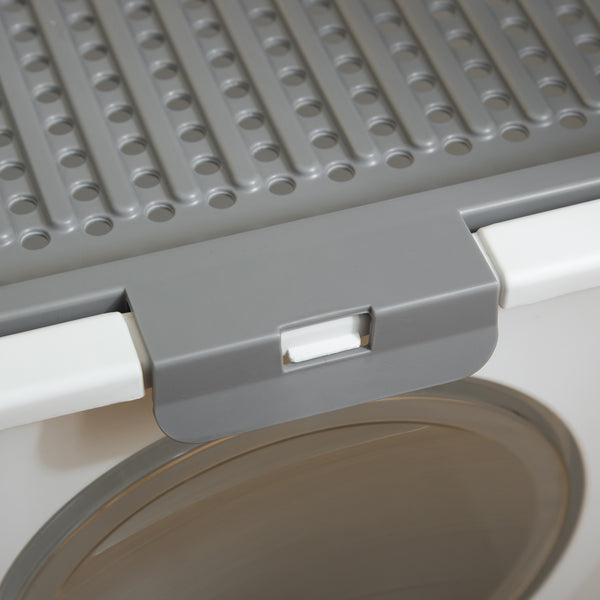 Enclosed litter box with front entrance, top exit and scoop, white