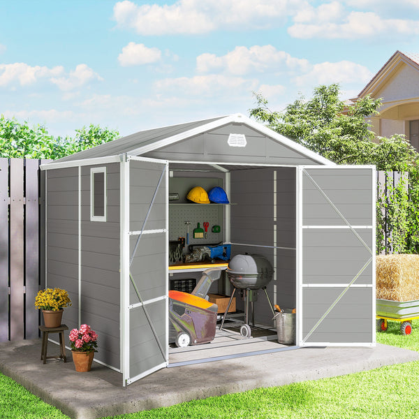 Plastic garden shed with latch door, ventilation, sloping roof, light grey