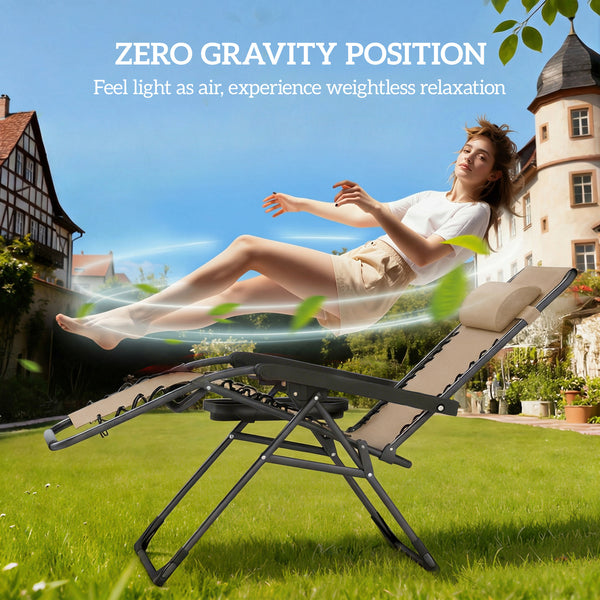 Set of 2 Folding and Reclining Outdoor Lounge Chairs, with Cup Holder and Headrest, Light Brown