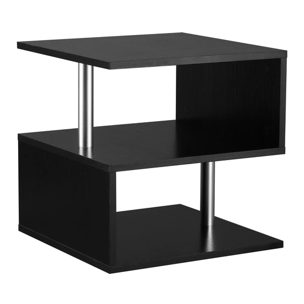 S-Shaped Wooden Side Table with 3 Storage Shelves, Black
