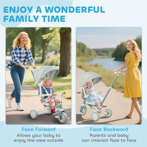 7 in 1 Toddler Tricycle with Safety Harness, Blue and Gray