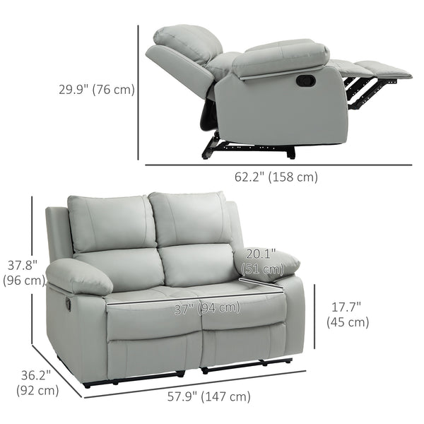Manual Reclining Faux Leather Sofa with Footrest, Light Grey