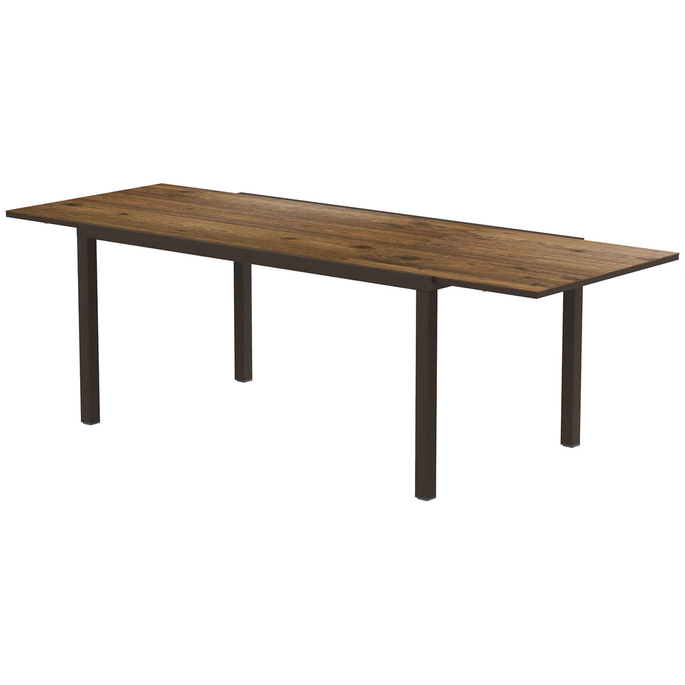 Extendable dining table with aluminum trim and steel frame, brown