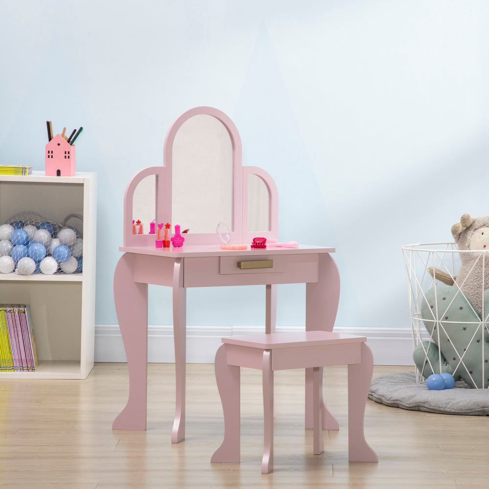 Dressing table and chairs set with drawer, pink
